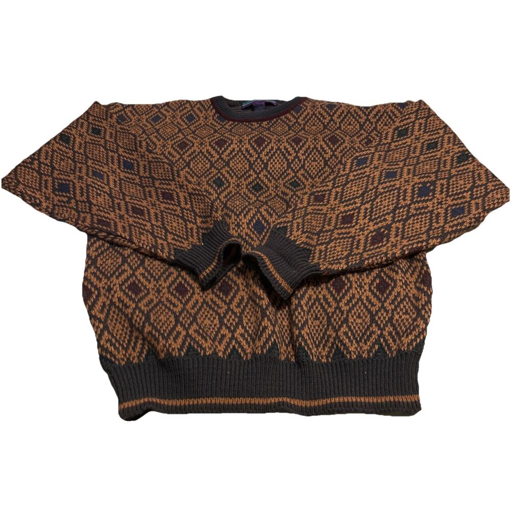 Vintage Chamonix Pullover Sweater Mens L Brown Blue Green Acrylic Argyle Grandpa